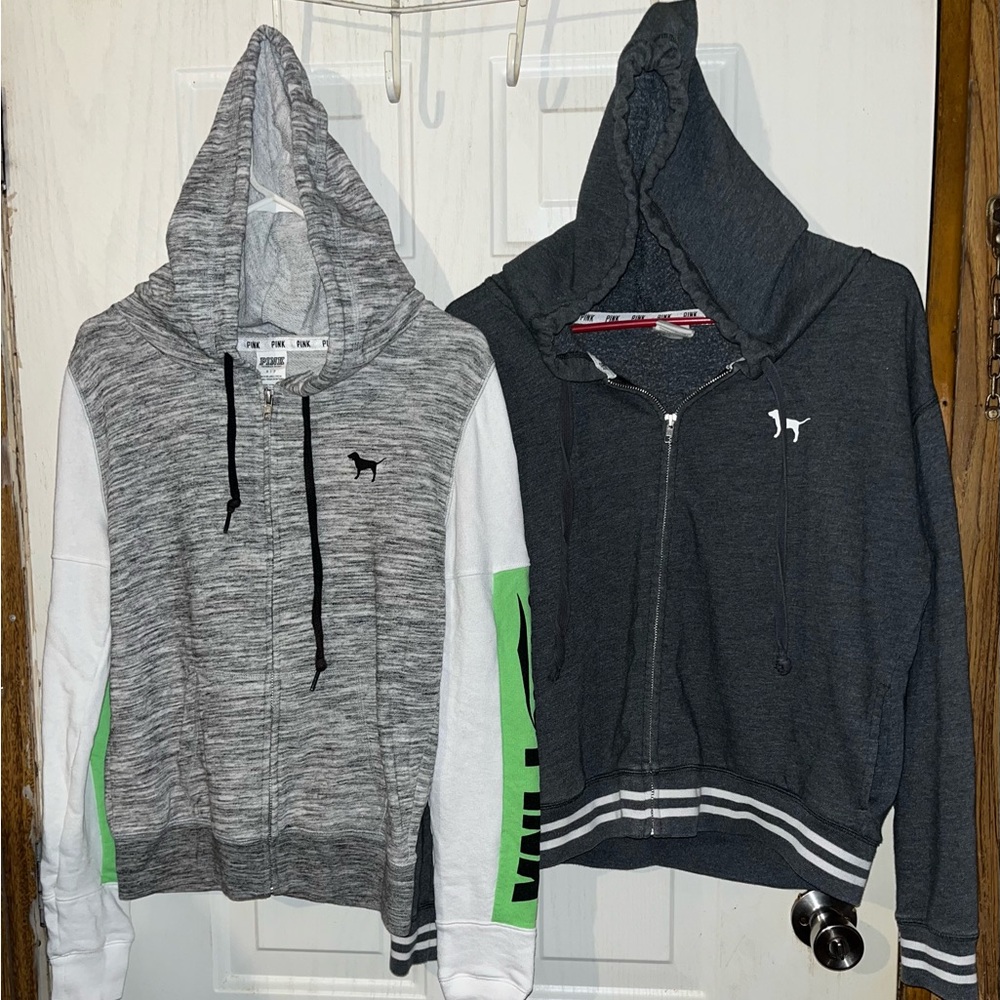 2 Gray Zip-Up Hoodies with Heathered Texture and Sporty Style